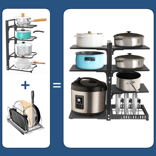 CASONNIK 6+1-Tier Adjustable Heavy Duty Pan Organizer Rack for Cabinet, Black Carbon Steel Kitchen Cookware Organizer