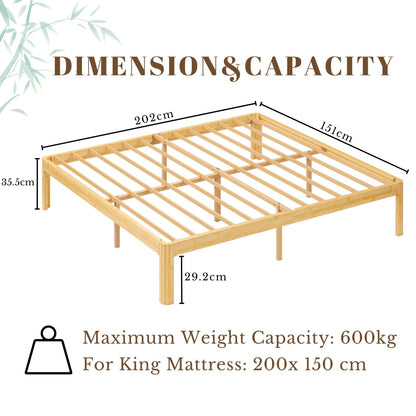 QFtime Bamboo Wood King Size Bed Frame with Metal Slats Support, Platform King Bed Frame, Easy to Install, Noise Free, Sturdy, 35.5 cm High