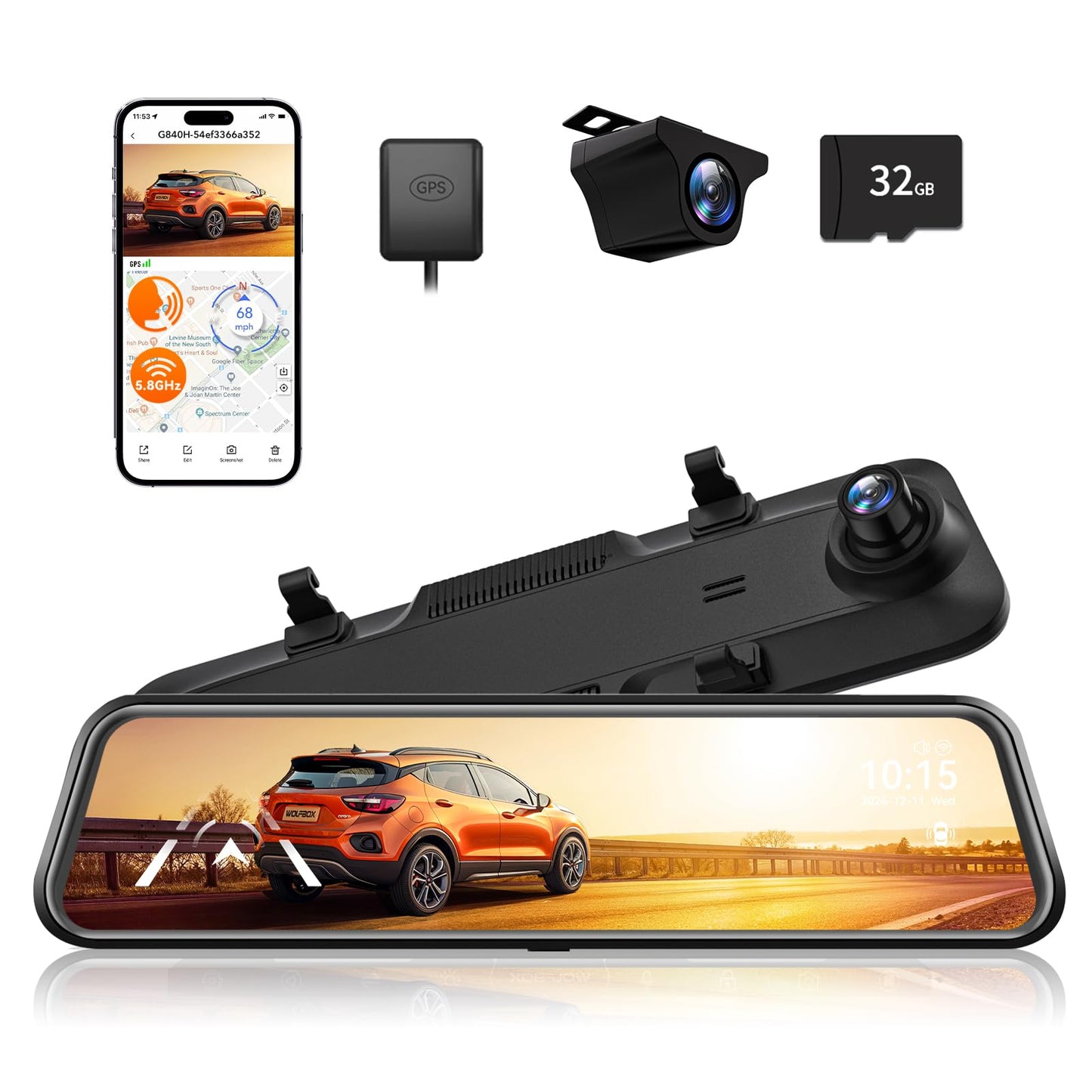 WOLFBOX G840H 12'' Mirror Dash Cam with ADAS and BSD, 2.5K Rear View Mirror Camera Front and Rear, 5.8GHz WiFi, Voice Control, Parking Monitor,