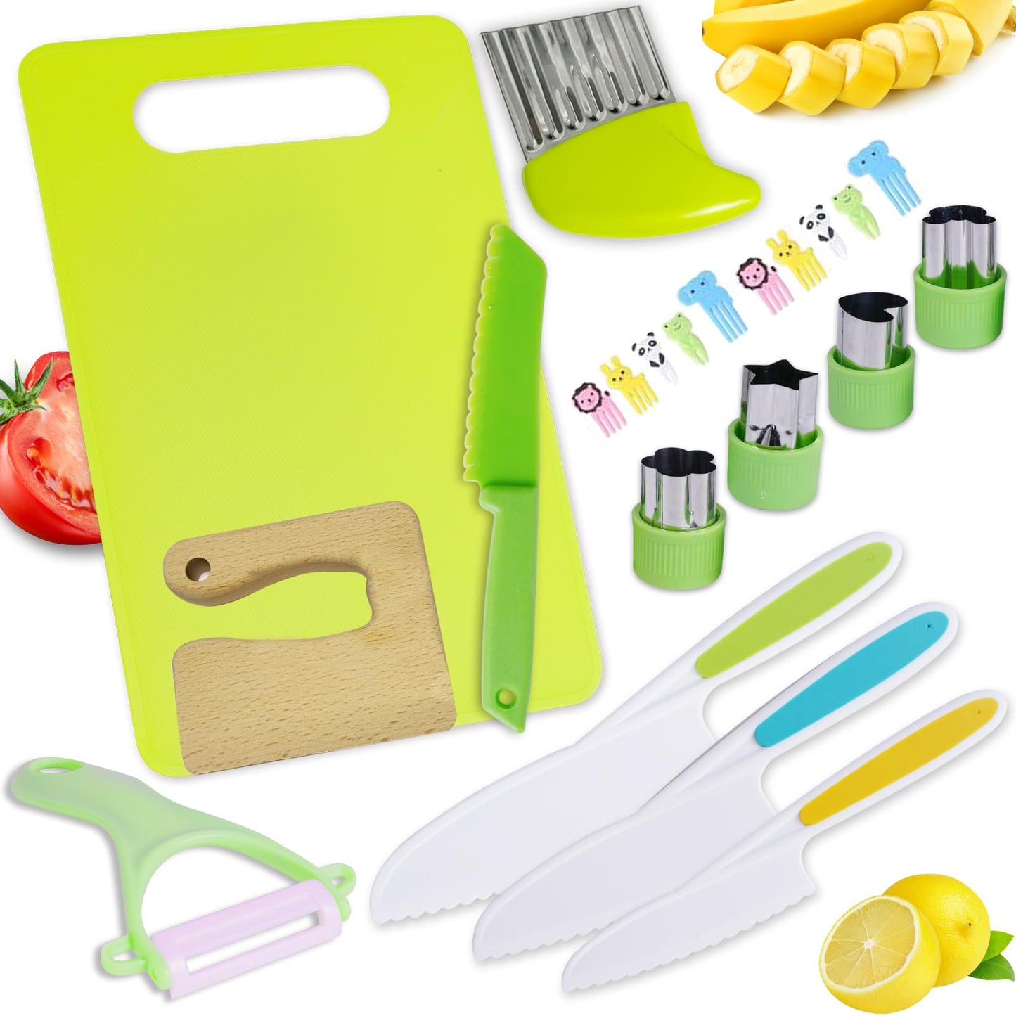 LANMANUO 13 Pieces Kids Knife for Chopping Wooden Kitchen Knife Set for Toddler Plastic Children Cooking Knives with Potato Slicer, Cutting Board,