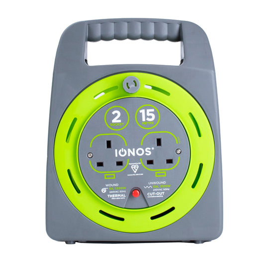IONOS 2 Socket Cable Reel, 15m, Green, 13 Amp, Thermal Cut Out, Heavy Duty, Outdoor Extension Lead, Ideal for Garden, DIY, Workshop, Power Tools