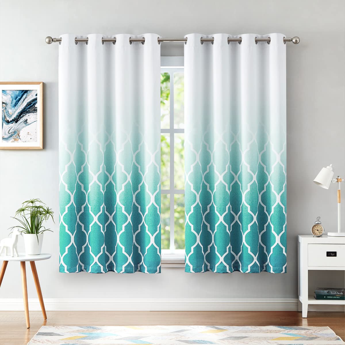 Beauoop Blackout Curtains for Bedroom Teal Ombre Curtains 72 Inch Drop Geometric Print Eyelet Curtain for Living Room Darkening Thermal Insulated