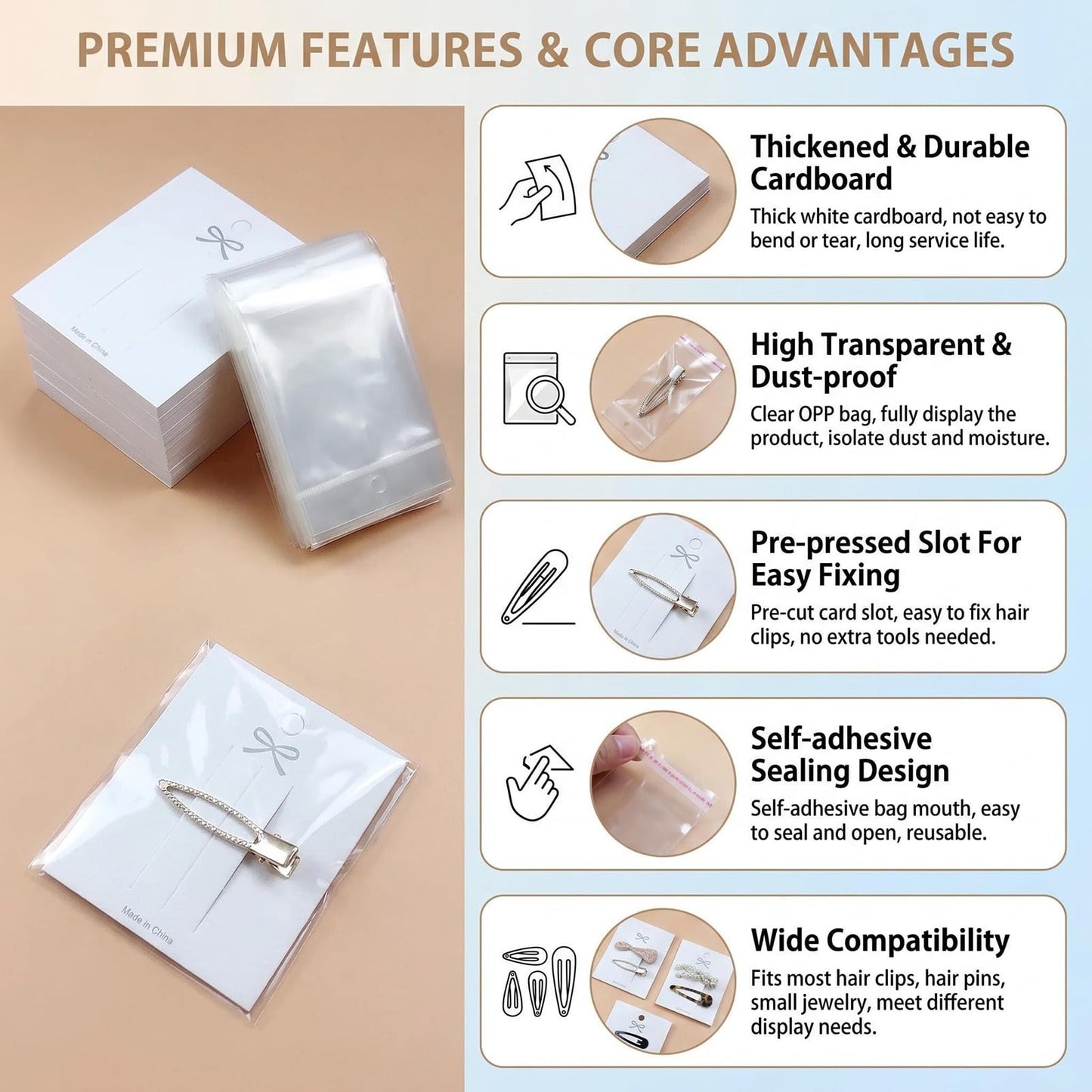 100PCS Hair Clip Display Cards with 100PCS Clear Bags Paper Cardboard Hair Barrettes Hairpin Card Holder for Jewelry Organizing