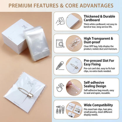100PCS Hair Clip Display Cards with 100PCS Clear Bags Paper Cardboard Hair Barrettes Hairpin Card Holder for Jewelry Organizing