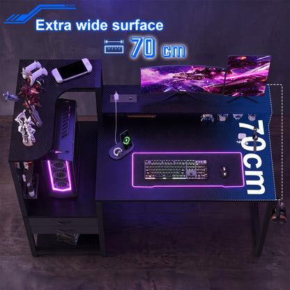 JUMMICO 140×70cm Gaming Desk with Pegboard & Built-in Power Outlet, Computer Desk with RGB LED Lights, 2 Fabric Drawers, Monitor Stand