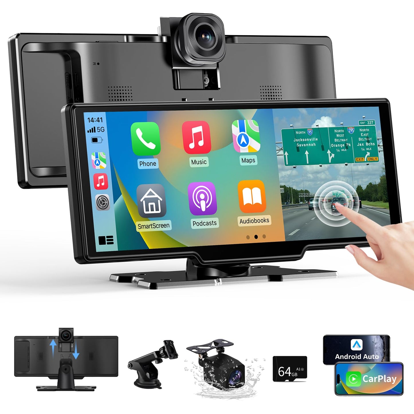 10.26" Wireless CarPlay Android Auto, Car Play Screen Car Tablet with 4K Front Camera and 1080P Rear Camera, Android Auto Carplay Screen for Car IPS