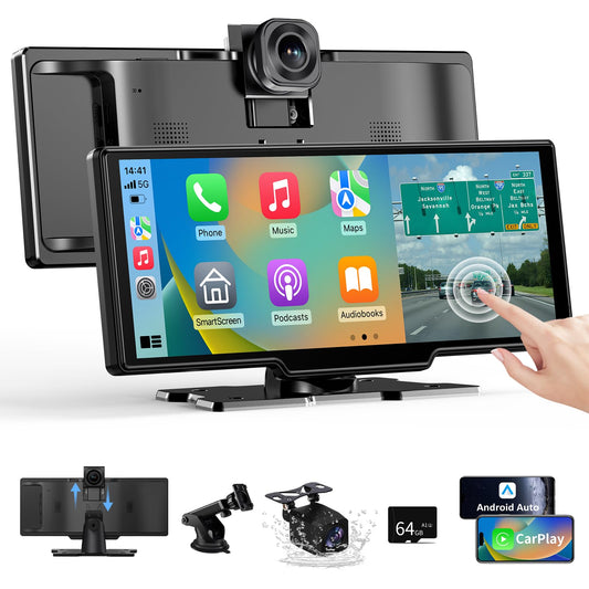 10.26" Wireless CarPlay Android Auto, Car Play Screen Car Tablet with 4K Front Camera and 1080P Rear Camera, Android Auto Carplay Screen for Car IPS