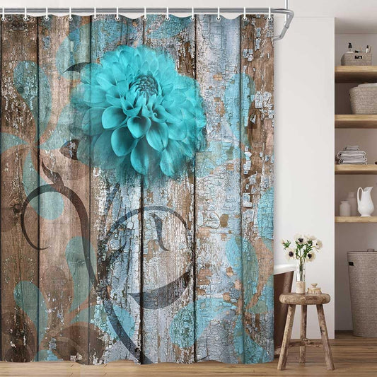 JAWO Farmhouse Flower Floral Shower Curtain, Rustic Teal Turquoise Dahlia Shower Curtain Set, Country Blue Wild Garden Plant Fabric Shower Curtain