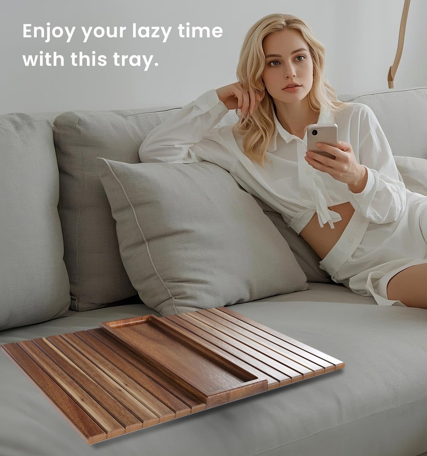 Fibogollo 2 Pack Sofa Arm Tray,Acacia Wood Folding Couch Arm Tray,Sofa Armrest Tray with Anti-Slip Pad for Drinks,Snacks,Phone,Remote Control