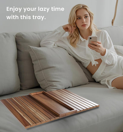 Fibogollo 2 Pack Sofa Arm Tray,Acacia Wood Folding Couch Arm Tray,Sofa Armrest Tray with Anti-Slip Pad for Drinks,Snacks,Phone,Remote Control