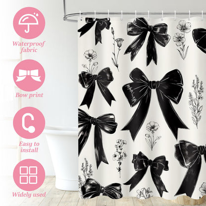 VAVPUP Bow & Floral Shower Curtain Waterproof with 12 Reinforced Hooks Digital Printed Waterproof Polyester Bath Curtain,Mold Resistant & Machine