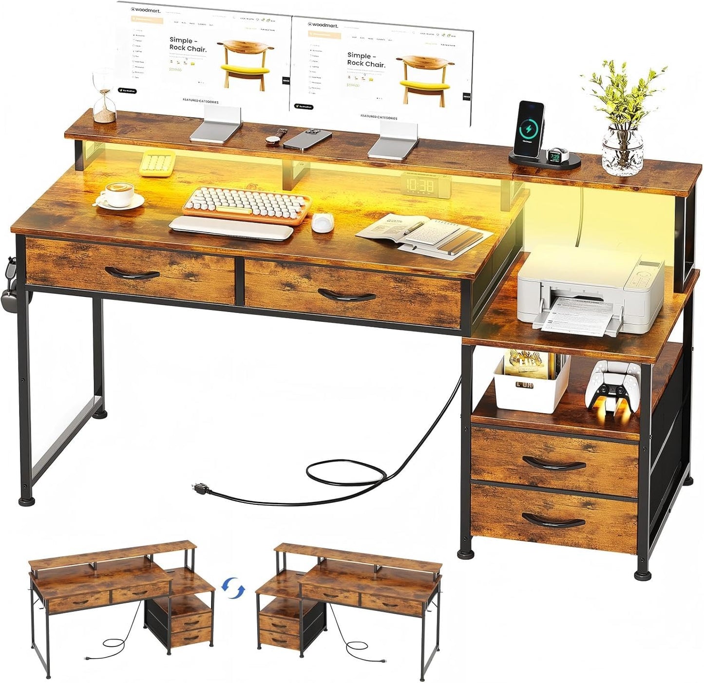 MUTUN 135cm Computer desk with Power Outlet and Drawers, Rustic Brown