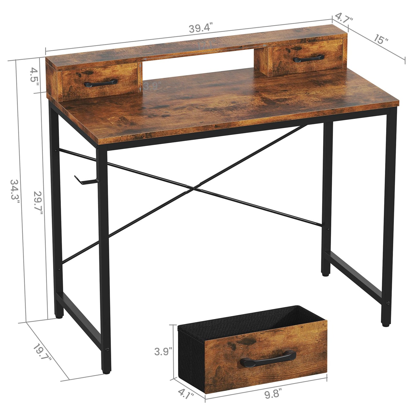 Feonase Industrial-Style Computer Desk with Elevated Monitor Riser & Dual Drawers – 100cm Wide MDF Desktop for Home Office