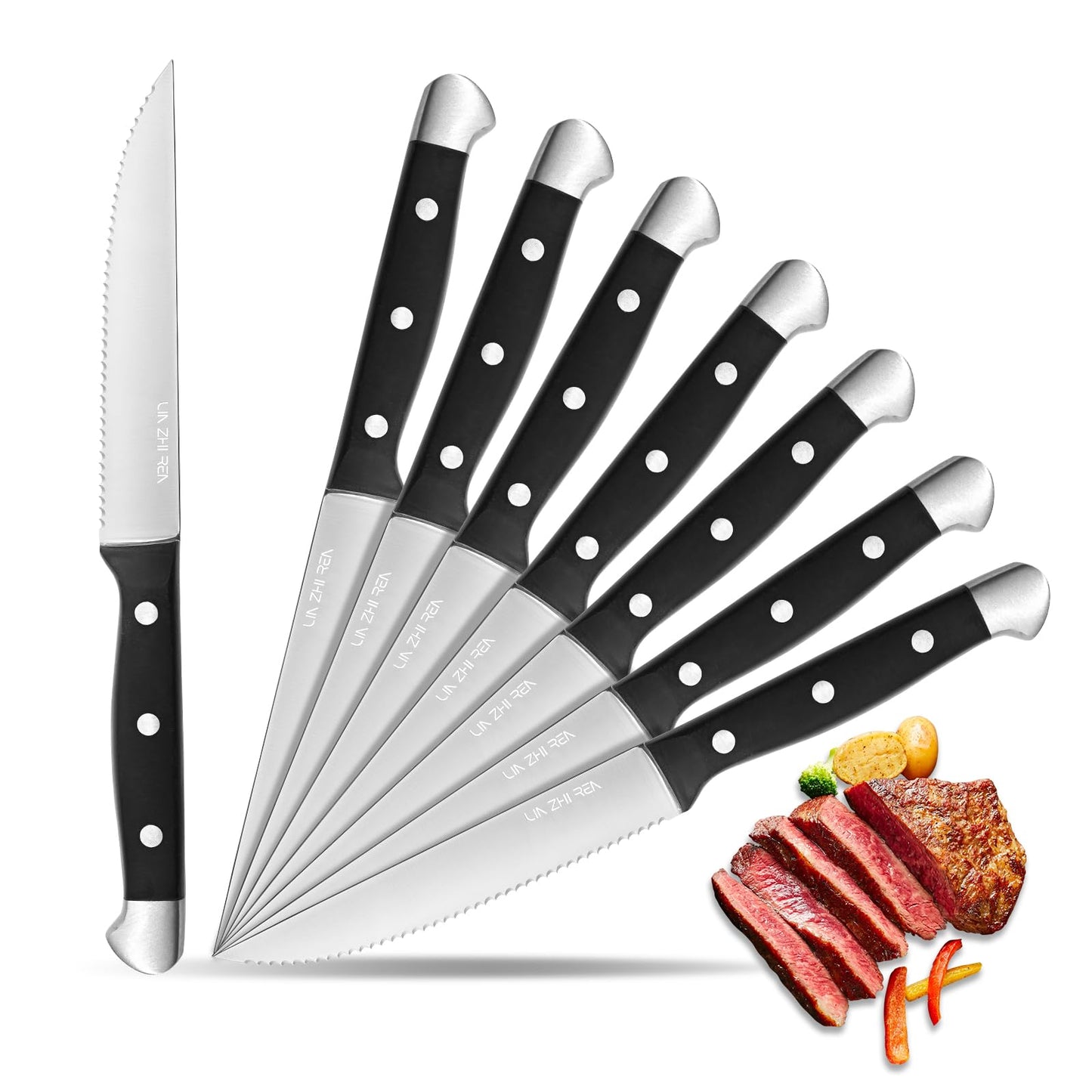 LIN ZHI REN Steak Knife 8-Piece Set ? Stainless Steel Serrated Dinner Knife with Ergonomic Handle, Dishwasher Safe Comfort Grip, Ideal for Meat,