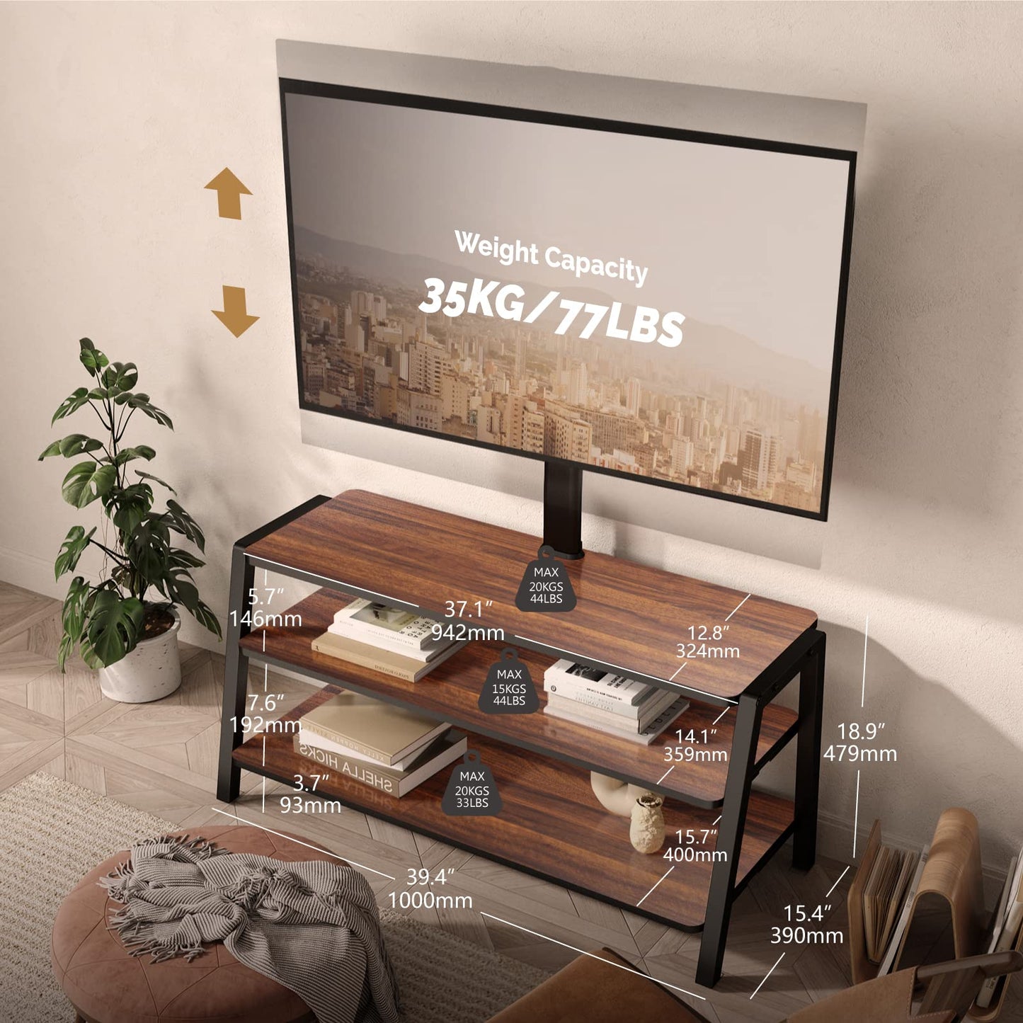 FITUEYES TV Stand Cabinet with Bracket for 37" - 70", Golden Walnut