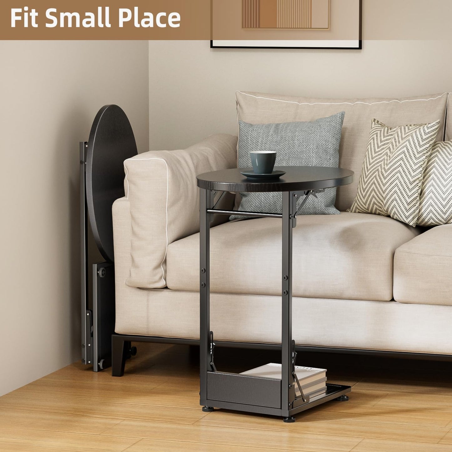 Mutool C Shaped Side Table, Foldable Round Sofa Table with Metal Frame, Small Coffee Table for Living Room Bedroom Office, Black