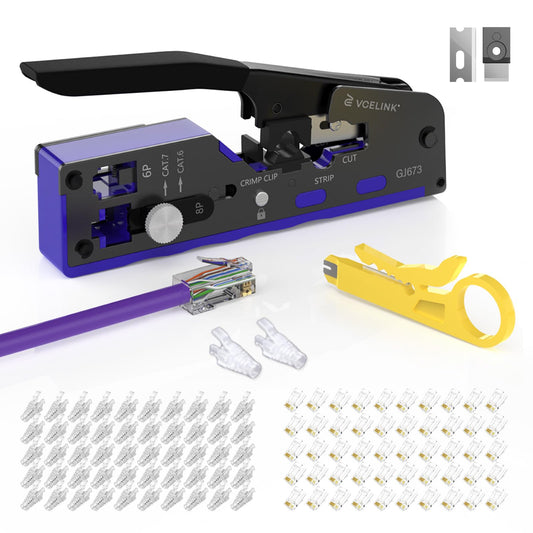 VCELINK Upgraded RJ45 Crimp Tool Kit, Pass Through Crimping Tool for CAT7/6A/6/5E/5 with 50PCS Cat6 RJ45 Connectors & Strain Relief Boots & Wire