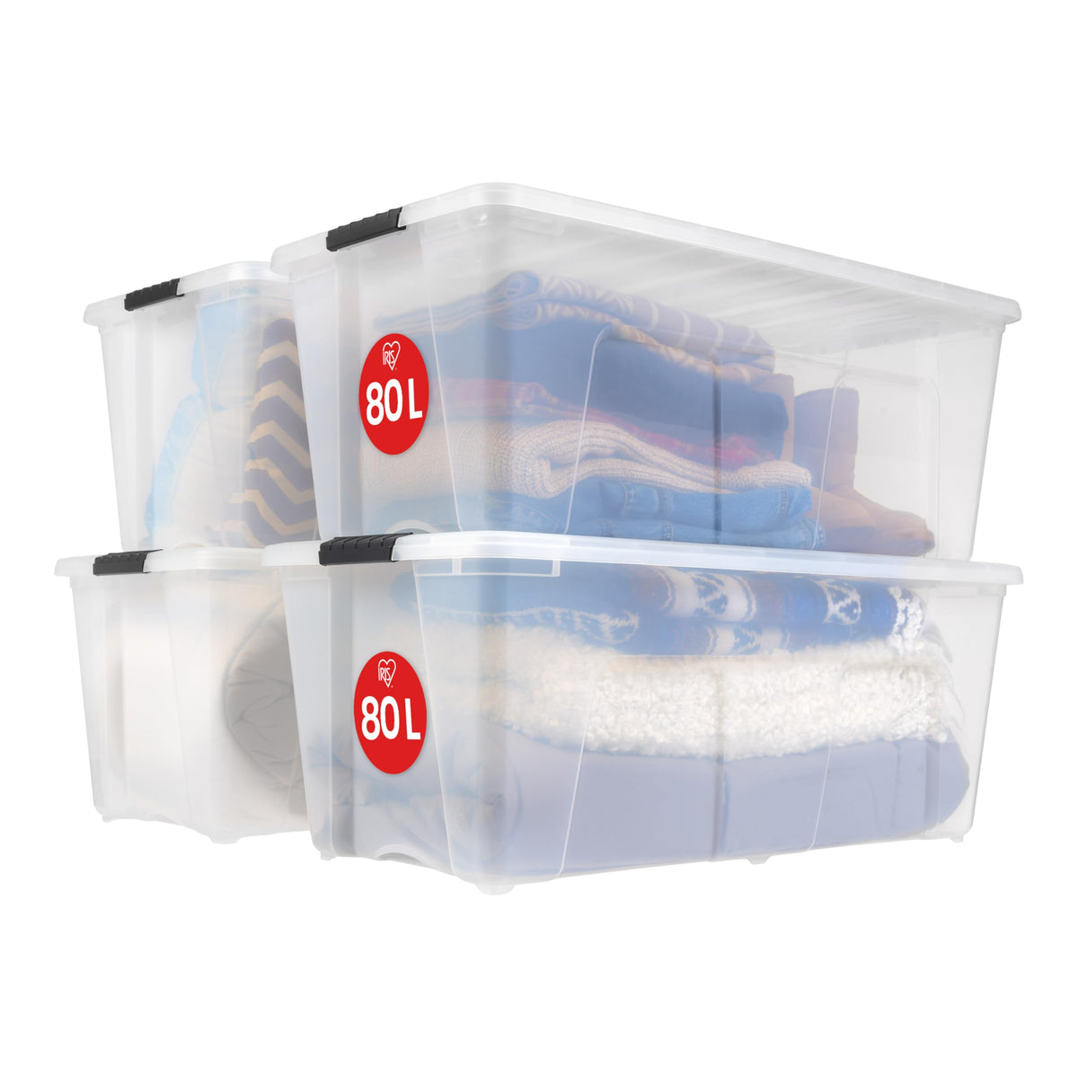 Iris Ohyama, Large Plastic Storage Boxes with Lids, 80L, Set of 4, Clear, Latching Buckles with Handles, Stackable, Nesting, Strong & Durable