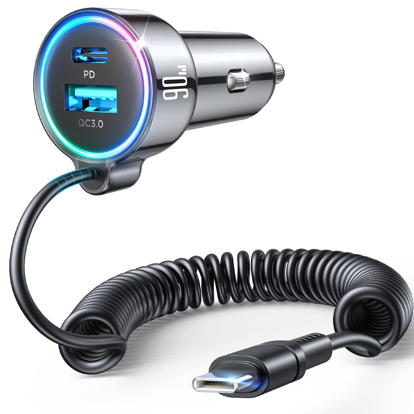 FLYLEAD Upgrade 90W USB C Car Charger, Super Fast Car Charger PD&QC3.0 &PPS with 5FT 45W Type C Coiled Cable, 3 Fast Port Cigarette Lighter USB for