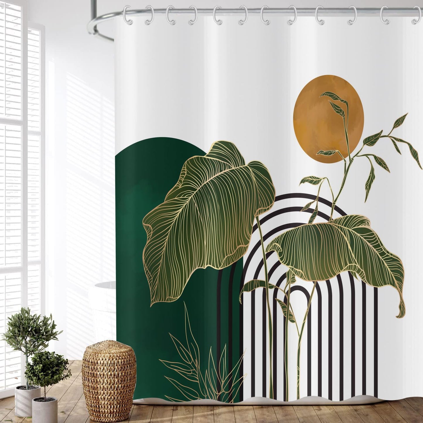ASDCXZ Boho Shower Curtain 180x200 cm, Modern Abstract Art Green Gold Tropical Leaves Sun White Bath Washable Shower Curtains Polyester Textile