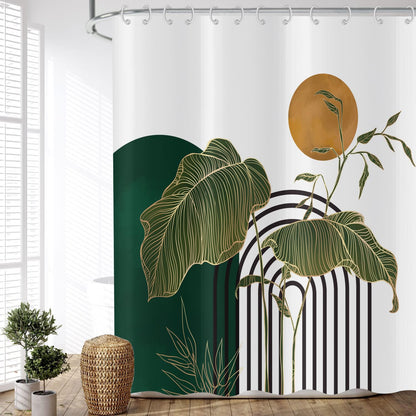 ASDCXZ Boho Shower Curtain 180x200 cm, Modern Abstract Art Green Gold Tropical Leaves Sun White Bath Washable Shower Curtains Polyester Textile