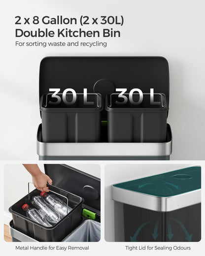 SONGMICS Kitchen Bin, 2 x 30L Stainless Steel Pedal Rubbish Bin with 15 Trash Bags, Recycling and Waste, with Plastic Inner Buckets, Lid, Soft
