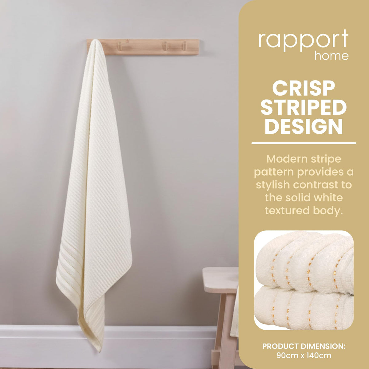 Rapport Home Linear Bath Sheets 2 Pack | Ivory Cream | 90x140cm | Luxurious 500GSM 100% Cotton | Oeko-Tex Certified Absorbent & Soft Bathroom Towels