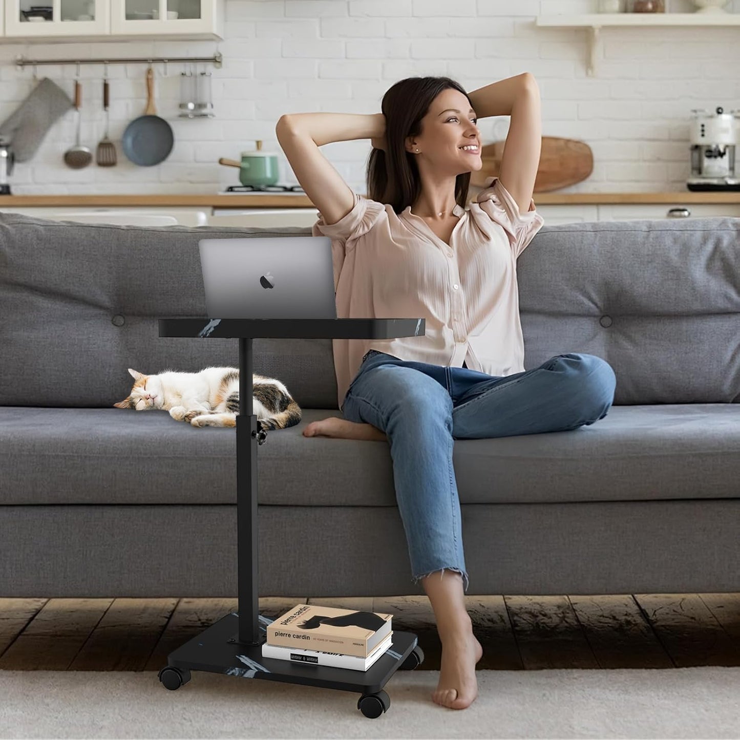 YYW Adjustable C Shaped Side Table with Wheels for Sofa, Marble Black White