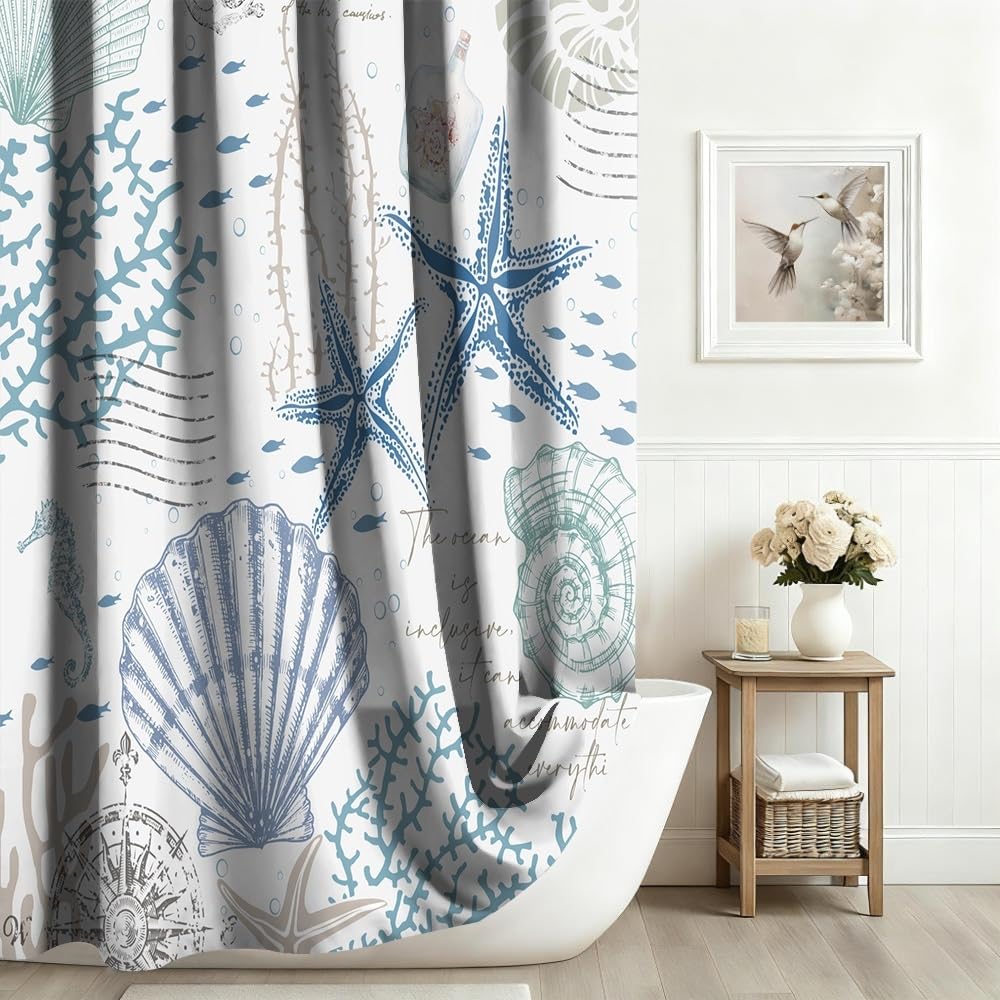 Xiaoterna Summer Marine Life White Shower Curtain Retro Nautical Coast Starfish Shell Coral Seahorse Waterproof Polyester Bathroom Curtain Underwater