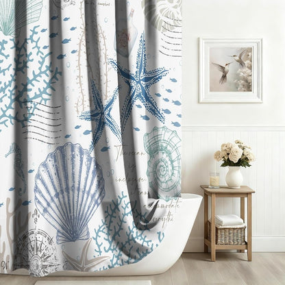 Xiaoterna Summer Marine Life White Shower Curtain Retro Nautical Coast Starfish Shell Coral Seahorse Waterproof Polyester Bathroom Curtain Underwater