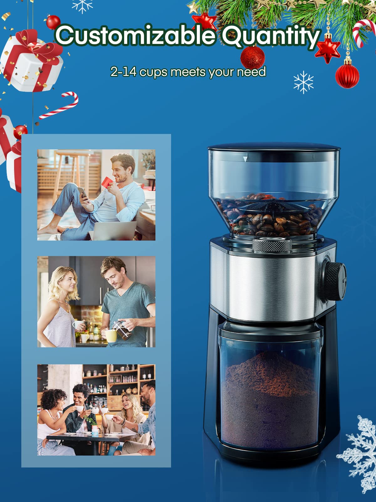 Coffee Grinder Burr Electric, 18 Precise Grind Setting, 2-14 Cup, 200W Coffee Grinder for Drip Coffee/French Press, 250g Capacity, with Brush Easy to