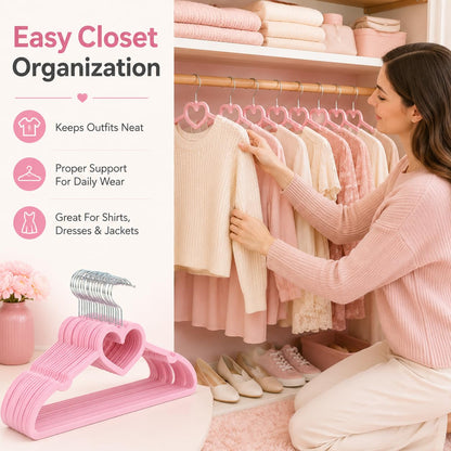 IMIKEYA 20 Pack Pink Heart Clothes Hangers: Non-Slip Plastic Coat Hangers for Adult and Children Slim Space Saving Racks for Shirt Dress Trousers