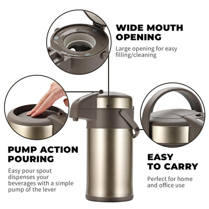 Olerd Coffee Pump Flask - 3L Insulated Pump Airpot - Stainless Steel Vacuum Thermal Water Dispenser BPA Free Tea Flask