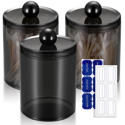 Gaomoeny 3 PACK Qtip Holder Dispenser Storage Organizer with Labels - 12 oz Black Apothecary Jars Bathroom for Cotton Ball,Cotton Swab,Cotton Round
