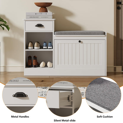 MINCETA Storage Benches, Modern Wooden Shoe Cabinet with Flip Drawer and Adjustable Shelf, Entry way Bench with Padded Seat Cushion for Entryway