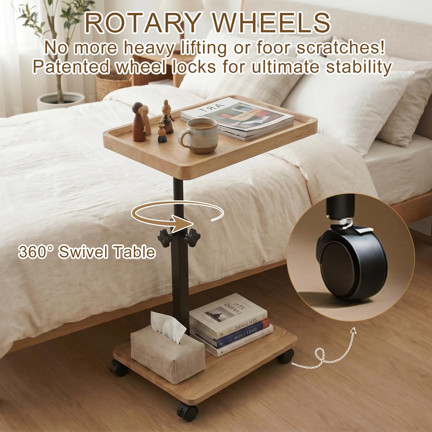 XUDREZ Adjustable Side Table, C Shaped Small Table with 4 Wheels 364° Swivel Tray, End Table for Living Room Bedroom Sofa Small Spaces