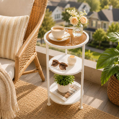 ZEXVIDA 3-Tier Round Side Table with Amber Tempered Glass Top,White & Amber