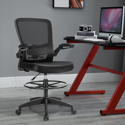 CASART Mesh Drafting Chair, Ergonomic Office Chair with Lumbar Support & Flip-up Armrests, Height Adjustable Rolling Desk Chair for Home Office