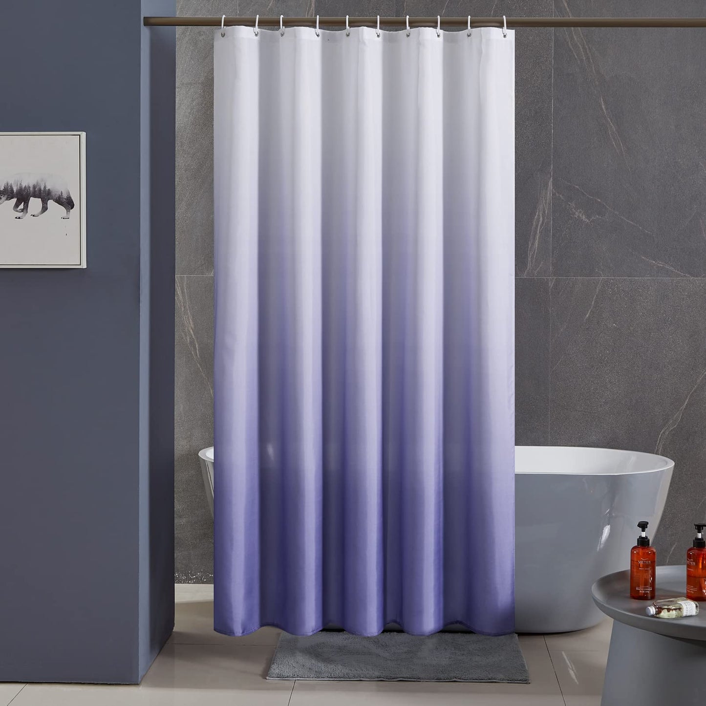 Furlinic Shower Curtain for Bathroom Mould Proof Polyester Fabric Wetroom Bath Curtains Waterproof Washable with 10 Hooks White to Purple 60x72