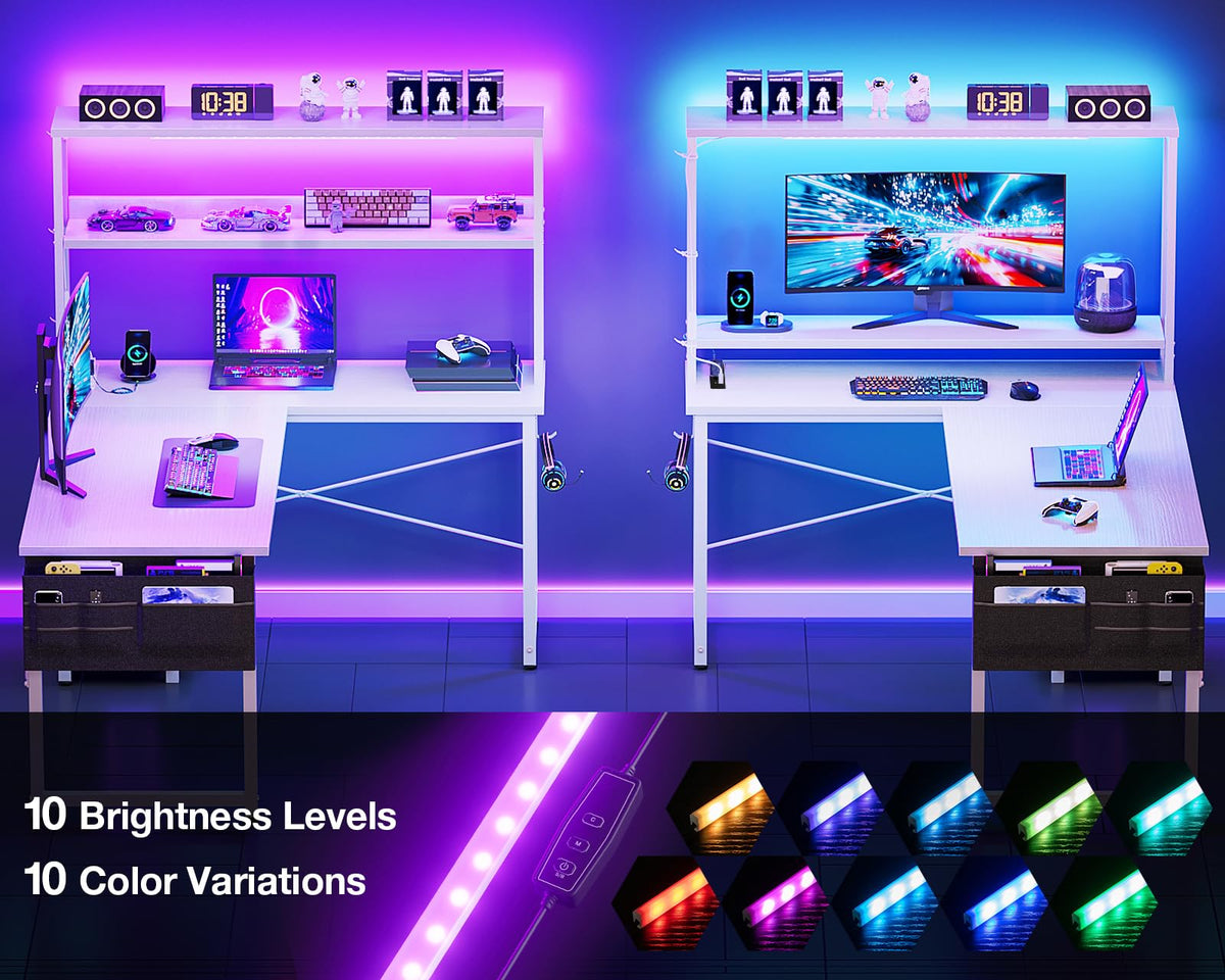 Coleshome L Shaped Gaming Desk with LED Lights & Power Outlet, White