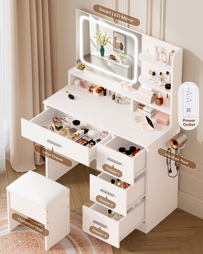 LIVELYGLOW Makeup Vanity Desk with Smart LED Mirror, Dressing Table with Power Outlet & Hairdryer Rack, 4 Drawers & Open Shelves