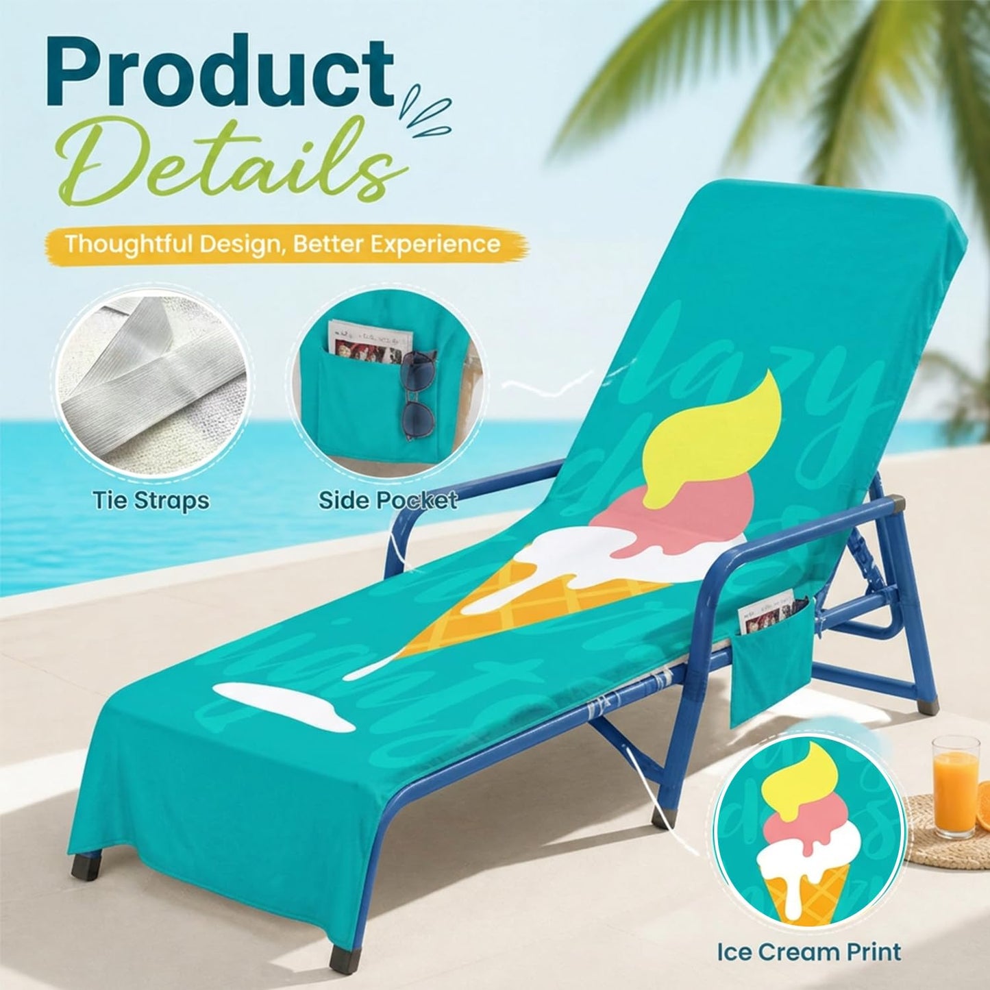 Surwin Sun Lounger Towel with Pockets, 3D Juice Print Quick Dry Beach Towel, Microfiber Sunbed Towels Travel Lounger Bag for Loungers Summer Holiday
