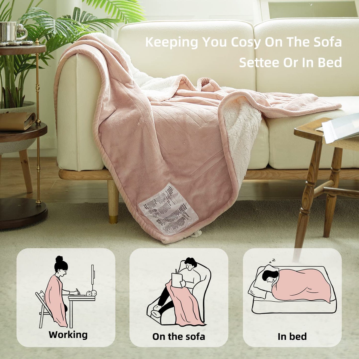 GOTCOZY Heated Blanket Electric Throw 130x160cm -Soft Silky Plush Heated Blanket with 6 Heat Settings & 10 Hours Auto-Off Timer For Home Office Use