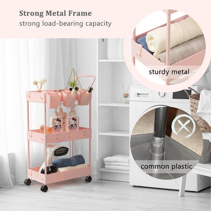 danpinera 3-Tier storage trolley, storage trolley on wheels, beauty trolley with Dividers & Hooks & Hanging Cups, kitchen trolley