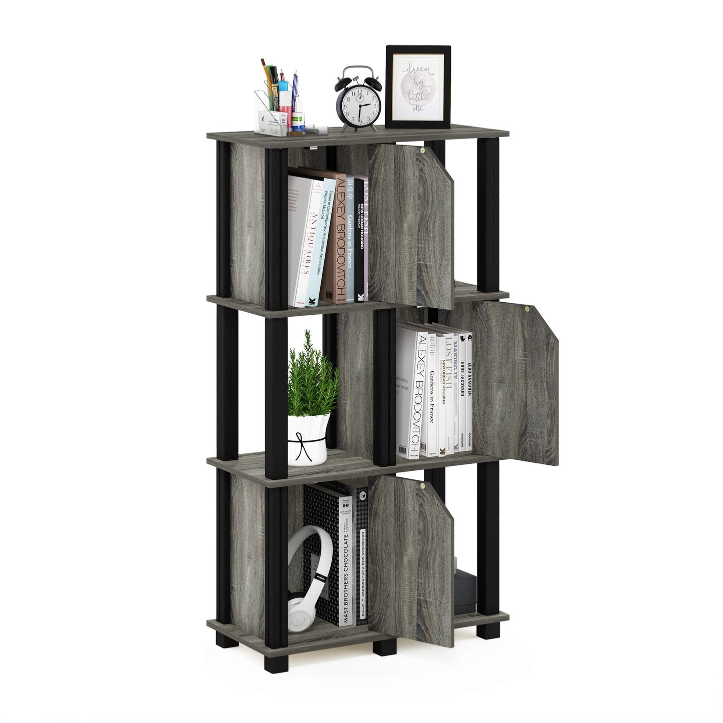 Furinno Brahms 4-Tier Storage Shelf with 3 Doors, French Oak Grey/Black
