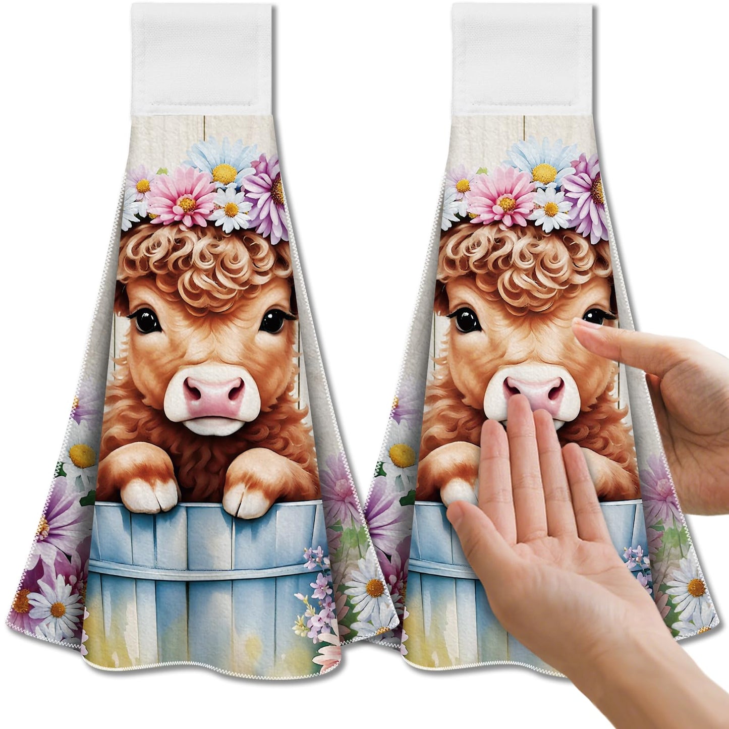 CUTHOLLOW Highland Cow and Daisy Hanging Kitchen Towels with Loop, Set of 2-Soft & Super Absorbent Microfiber Decorative Hanging Dish & Hand Towel,