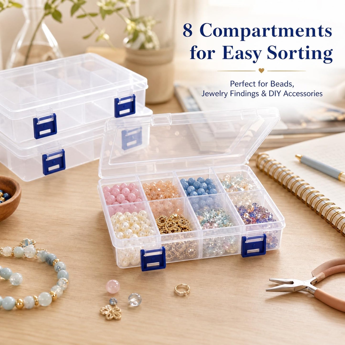 BOBPPOP 3 Pack Plastic Storage Boxes With Compartments, Adjustable Dividers Stackable Organiser, Transparent Container for Jewellery, Beads
