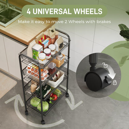 WELDUN 4-Tier Storage Trolley, Meatl Rolling Cart, Mesh Storage Cart Black