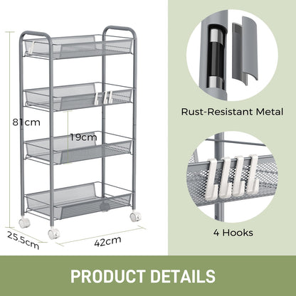 WELDUN 4-Tier Storage Trolley, Meatl Rolling Cart, Mesh Storage Cart Gray