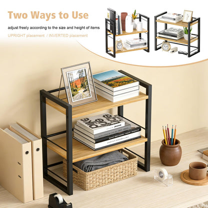 SunshineFace 2-Tier Desk Shelf Organizer, Small Bookcase for Desktop Storage, Wooden Bookshelf with Metal Frame for Office Supplies, Books